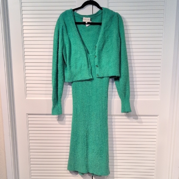 Freshman 1996 Green Knit Sweater Dress And Cardigan Set Size L - Picture 2 of 8
